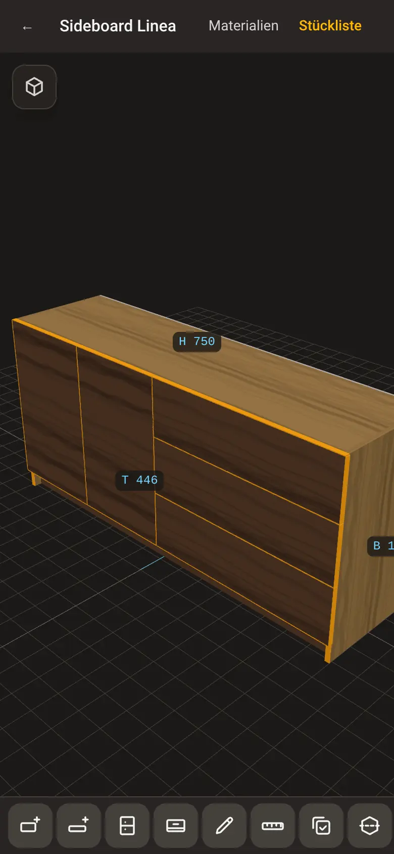 Plattenwerk auf dem Handy: das Sideboard in 3D mit Maßen